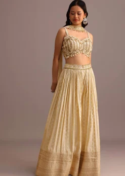 Off White Embroidered Croptop With Banarasi Weave Palazzo And Choker Dupatta