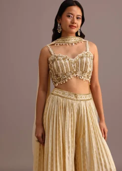 Off White Embroidered Croptop With Banarasi Weave Palazzo And Choker Dupatta