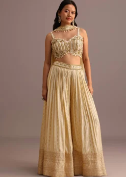 Off White Embroidered Croptop With Banarasi Weave Palazzo And Choker Dupatta
