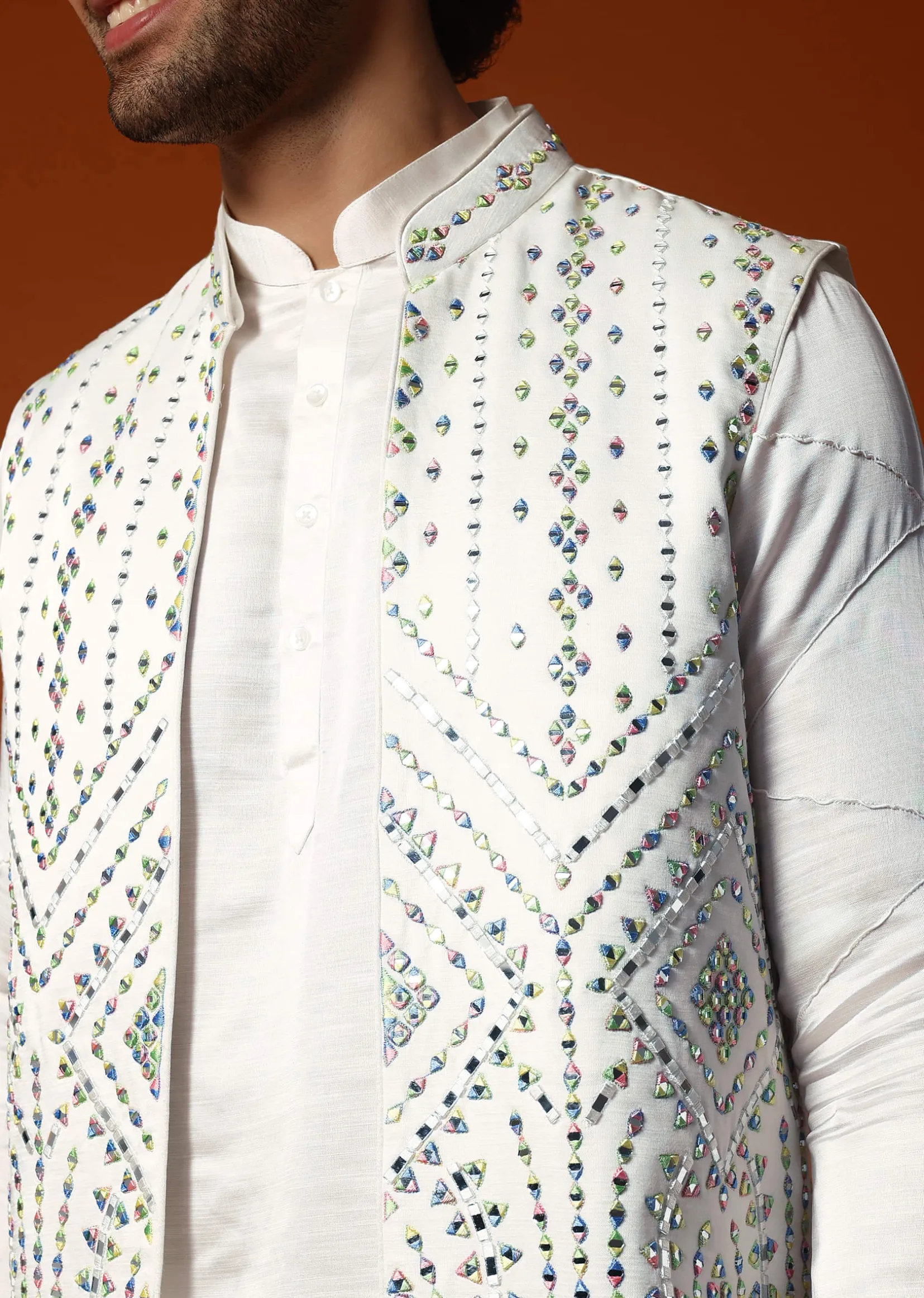 Off White Embroidered Kurta Jacket Set For Men