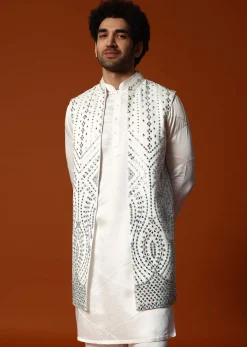 Off White Embroidered Kurta Jacket Set For Men