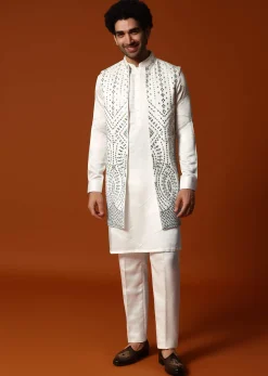 Off White Embroidered Kurta Jacket Set For Men
