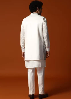 Off White Embroidered Kurta Jacket Set For Men