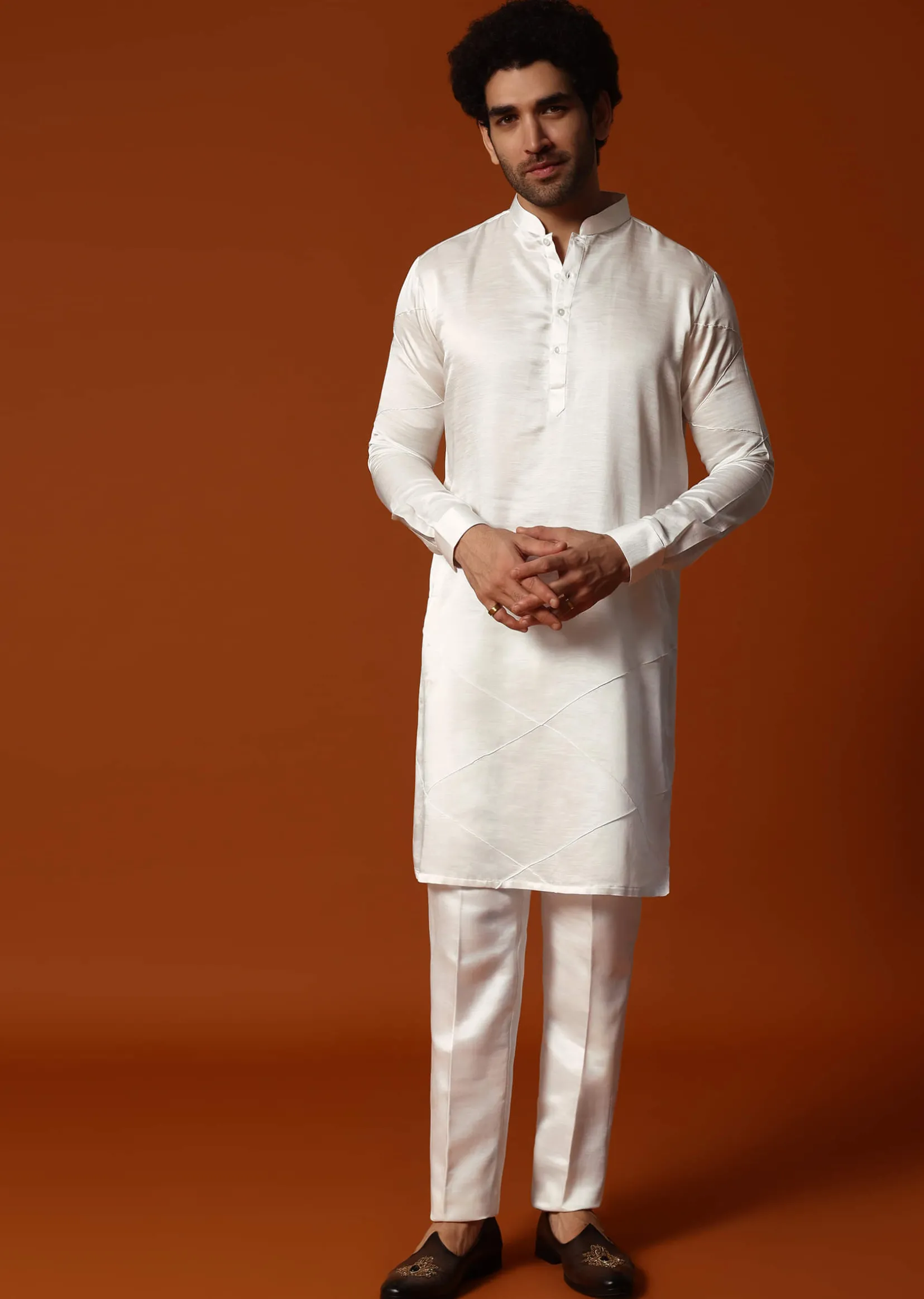 Off White Embroidered Kurta Jacket Set For Men