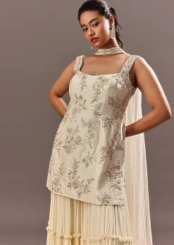 Off White Embroidered Kurta Sharara With Choker Dupatta