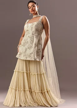 Off White Embroidered Kurta Sharara With Choker Dupatta
