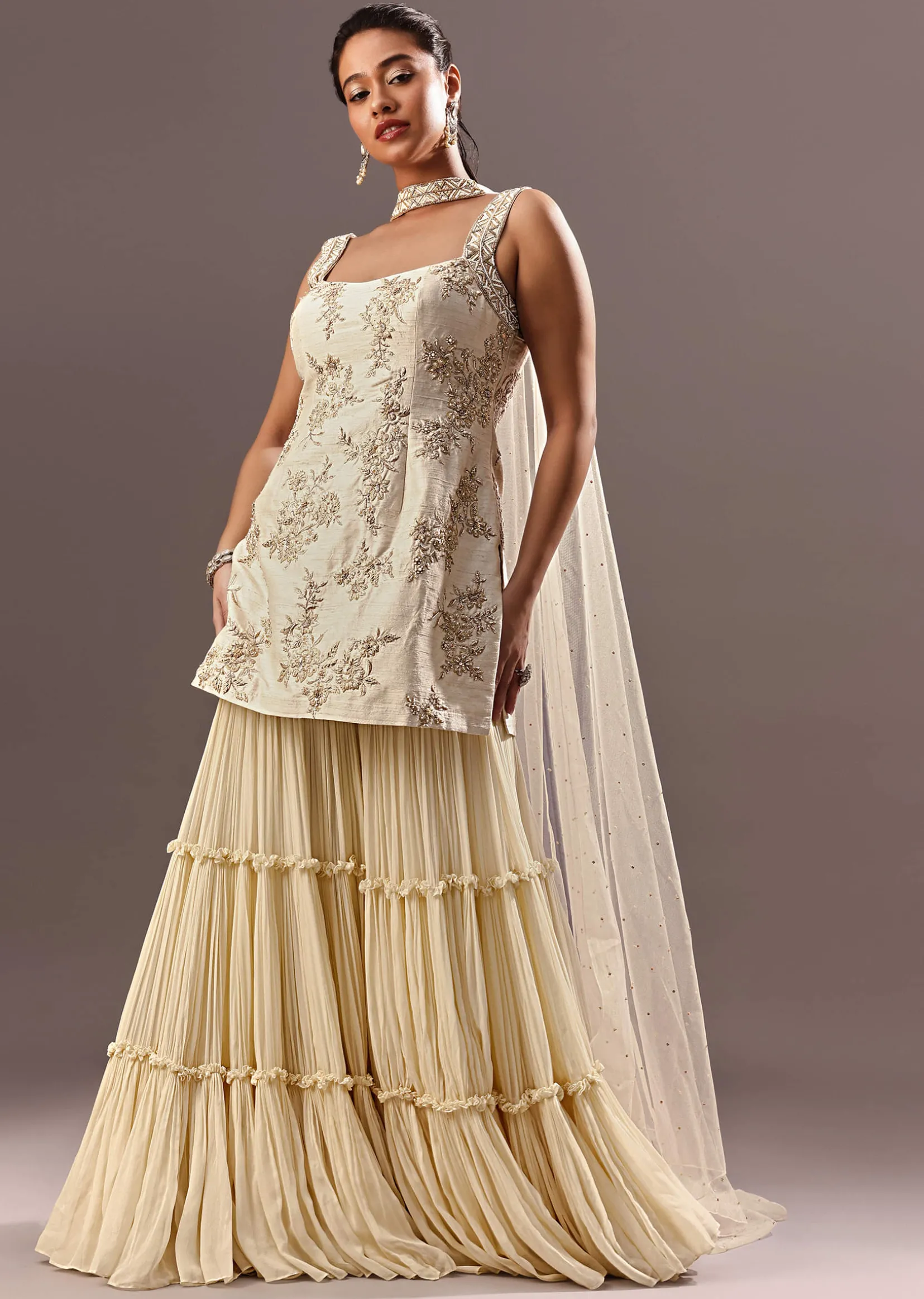 Off White Embroidered Kurta Sharara With Choker Dupatta