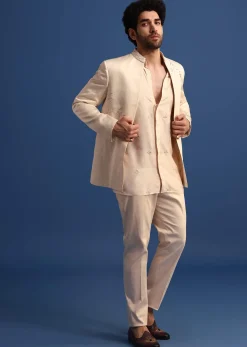 Off White Embroidered Linen Jodhpuri Suit
