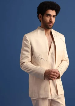 Off White Embroidered Linen Jodhpuri Suit