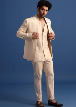 Off White Embroidered Linen Jodhpuri Suit
