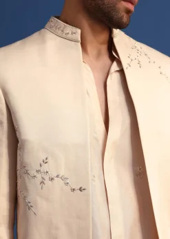 Off White Embroidered Linen Jodhpuri Suit