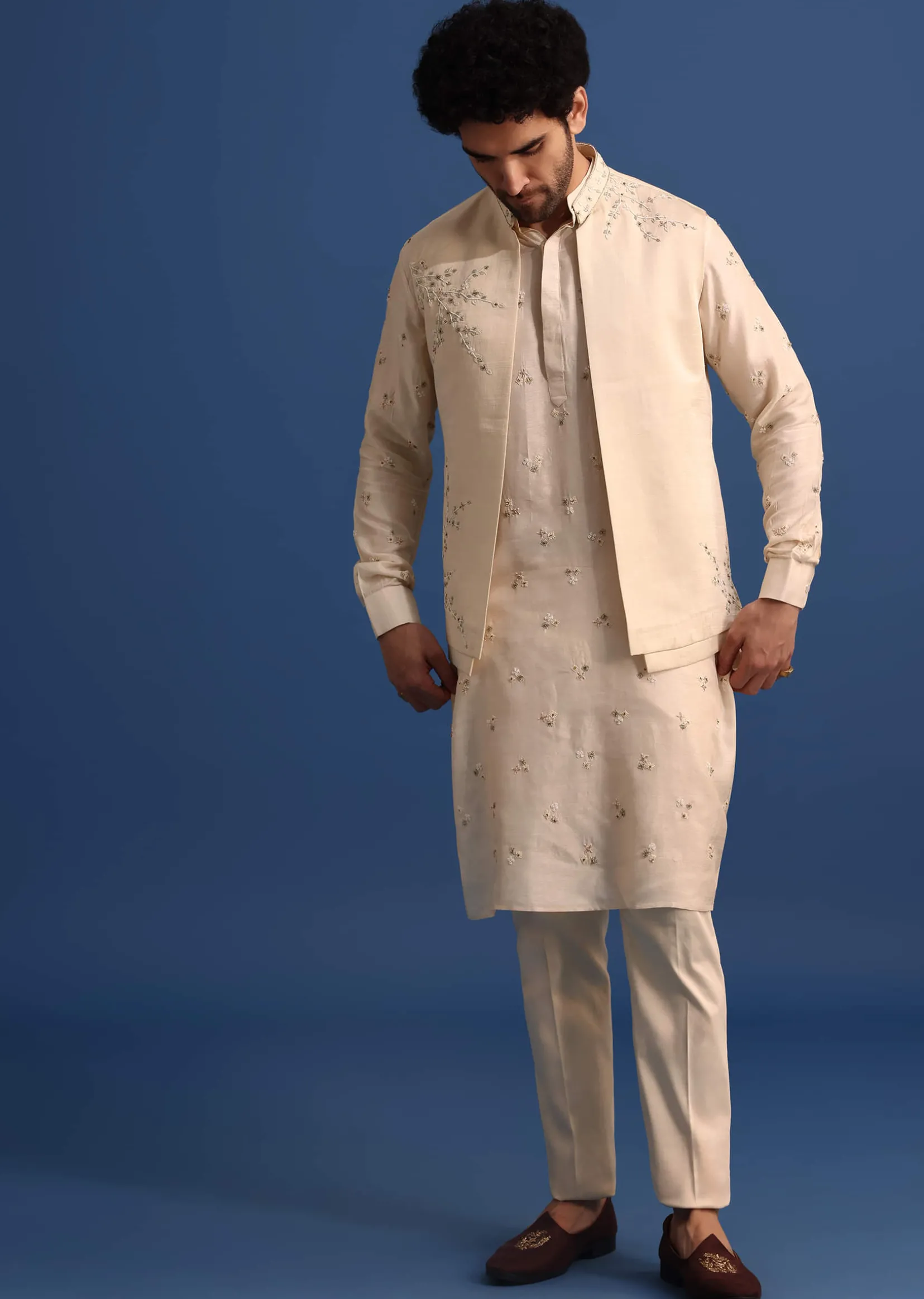 Off White Embroidered Linen Kurta Jacket Set