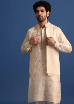 Off White Embroidered Linen Kurta Jacket Set