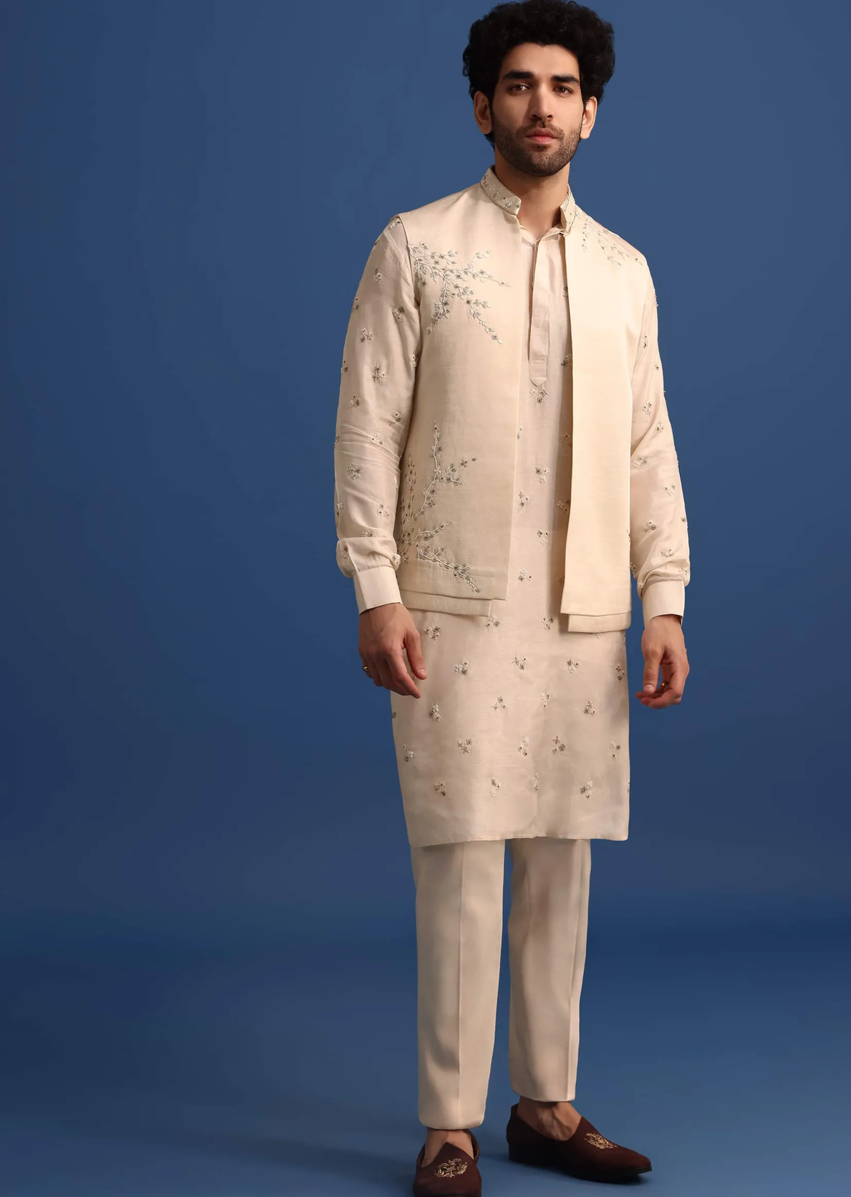 Off White Embroidered Linen Kurta Jacket Set