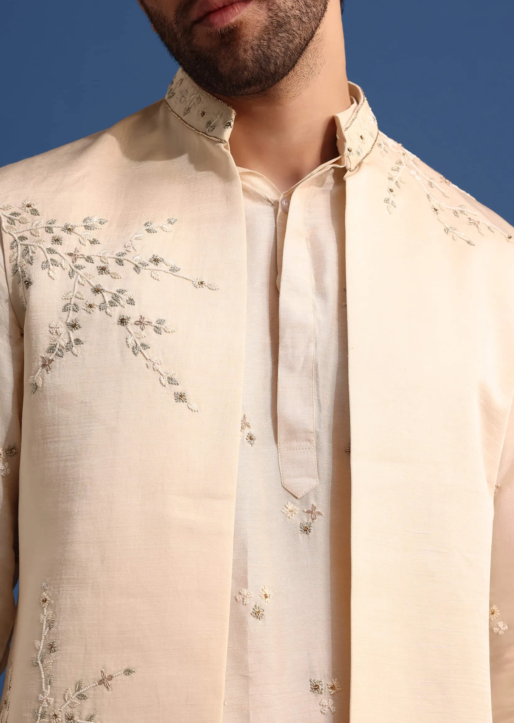 Off White Embroidered Linen Kurta Jacket Set