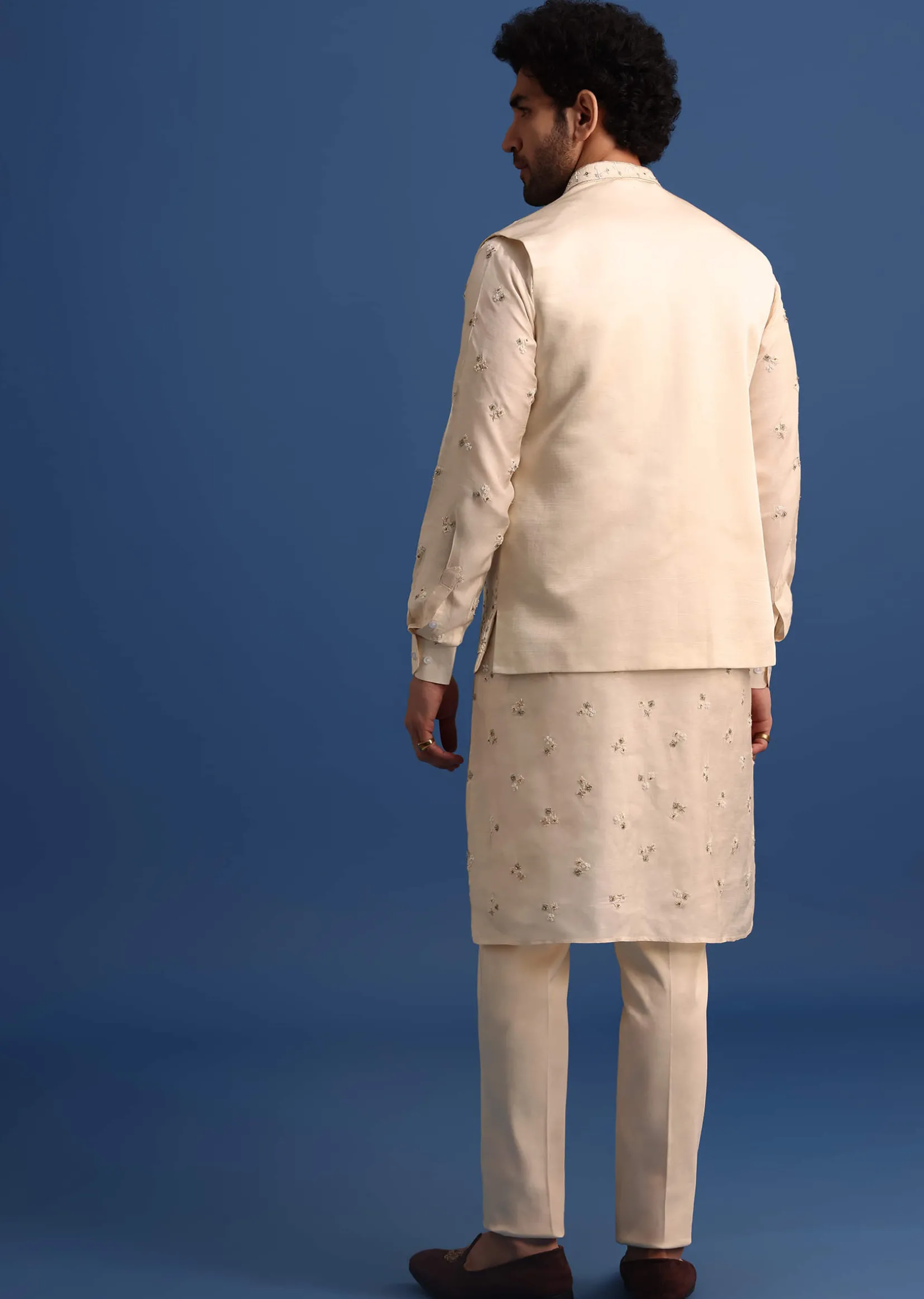 Off White Embroidered Linen Kurta Jacket Set