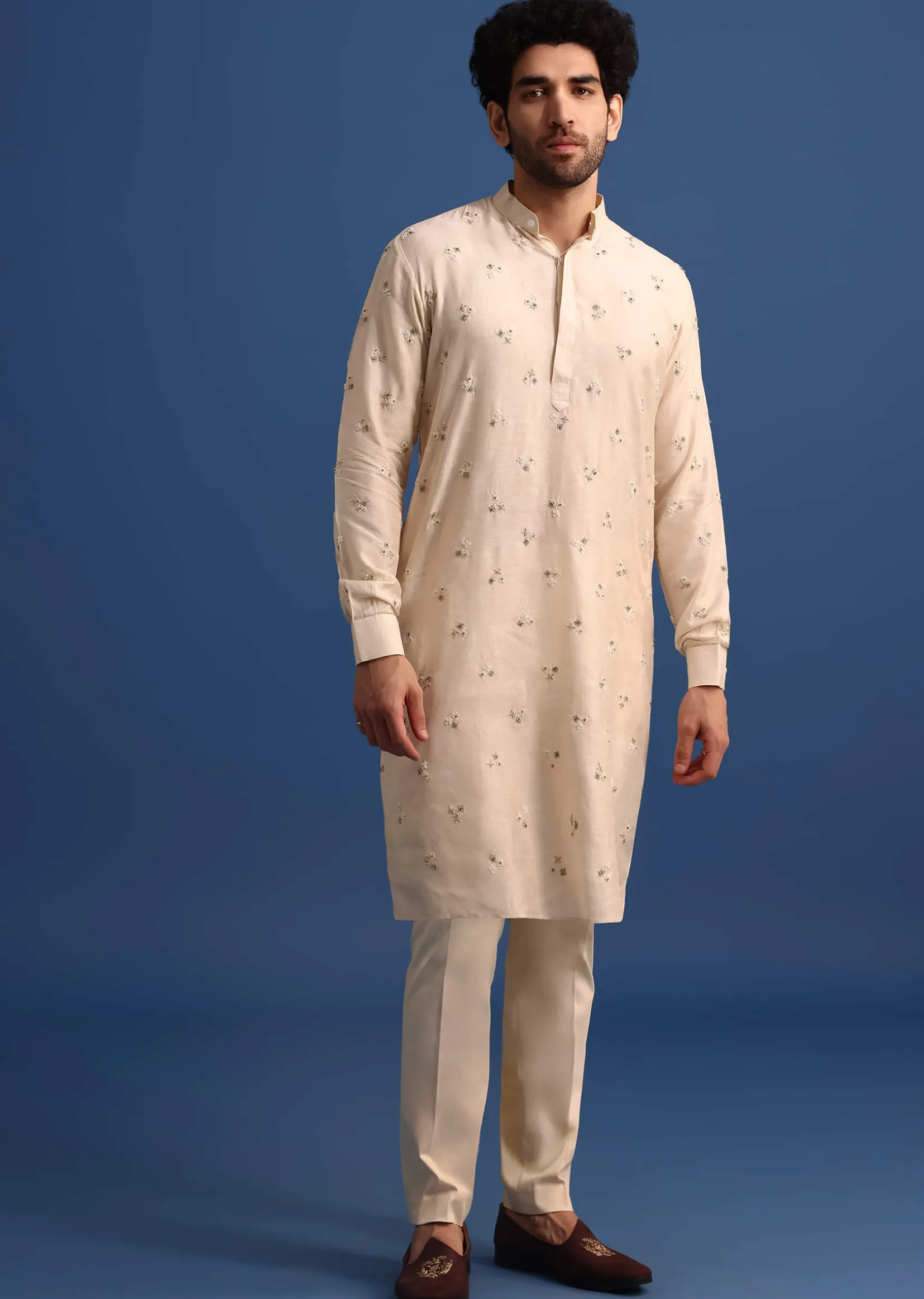 Off White Embroidered Linen Kurta Jacket Set