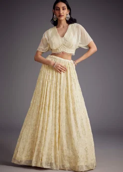 Off White Embroidered Pleated Skirt With Sheer Layered Croptop