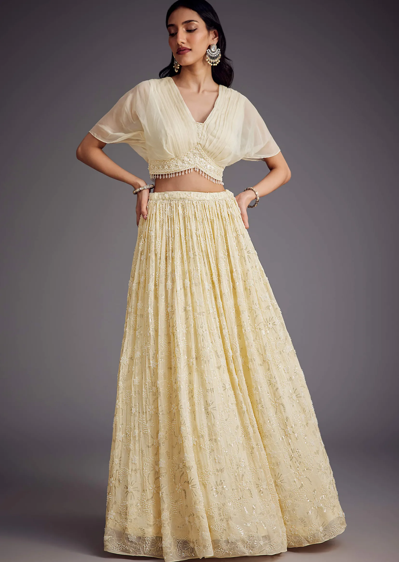 Off White Embroidered Pleated Skirt With Sheer Layered Croptop