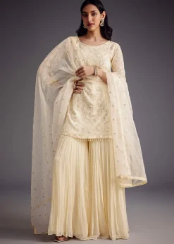 Off White Embroidered Sharara Set With Organza Dupatta