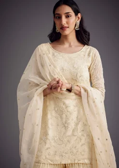 Off White Embroidered Sharara Set With Organza Dupatta