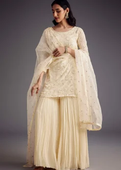 Off White Embroidered Sharara Set With Organza Dupatta