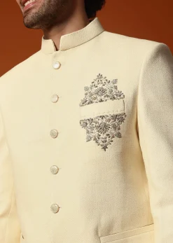 Off White Embroidered Silk Jodhpuri Suit For Men
