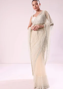 Off White Fancy Sequence Net Saree With Pleated Stitched