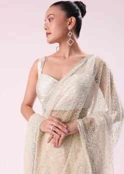 Off White Fancy Sequence Net Saree With Pleated Stitched