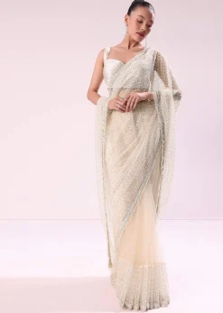 Off White Fancy Sequence Net Saree With Pleated Stitched