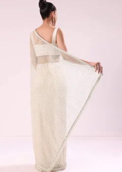 Off White Fancy Sequence Net Saree With Pleated Stitched