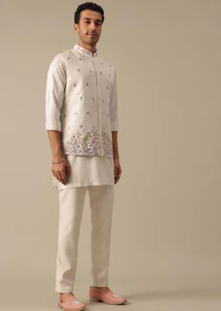 Off White Floral Embroidered Jacket Kurta Set