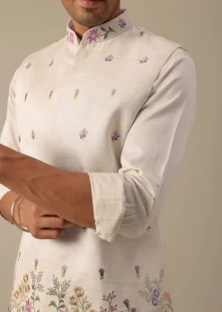 Off White Floral Embroidered Jacket Kurta Set