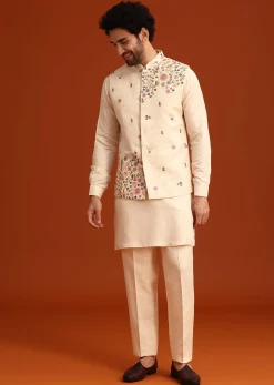 Off White Floral Hand Embroidered Kurta Jacket Set