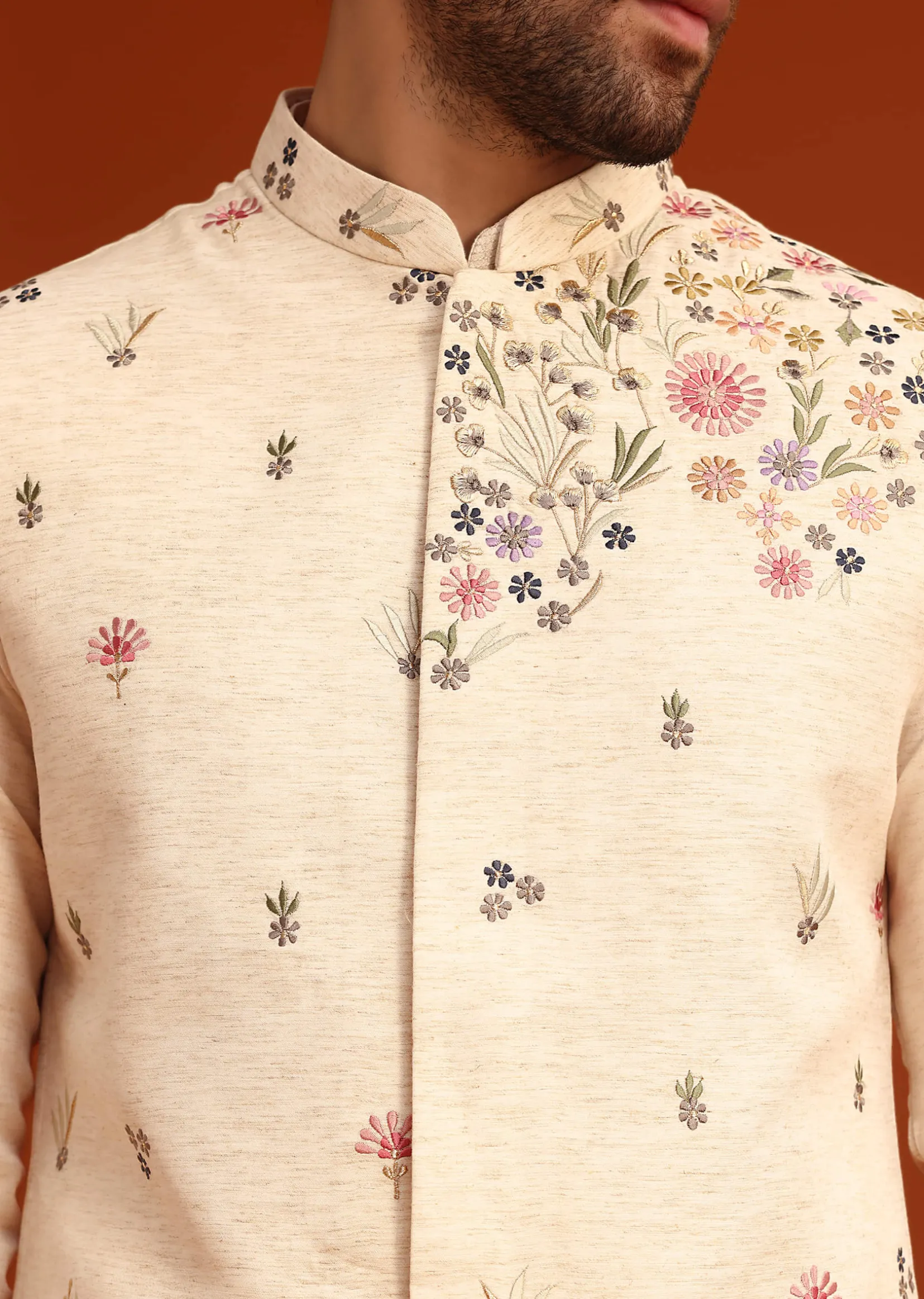 Off White Floral Hand Embroidered Kurta Jacket Set