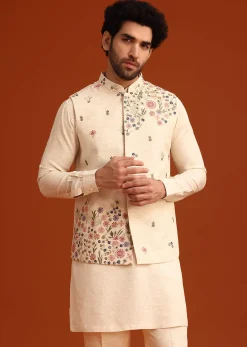 Off White Floral Hand Embroidered Kurta Jacket Set