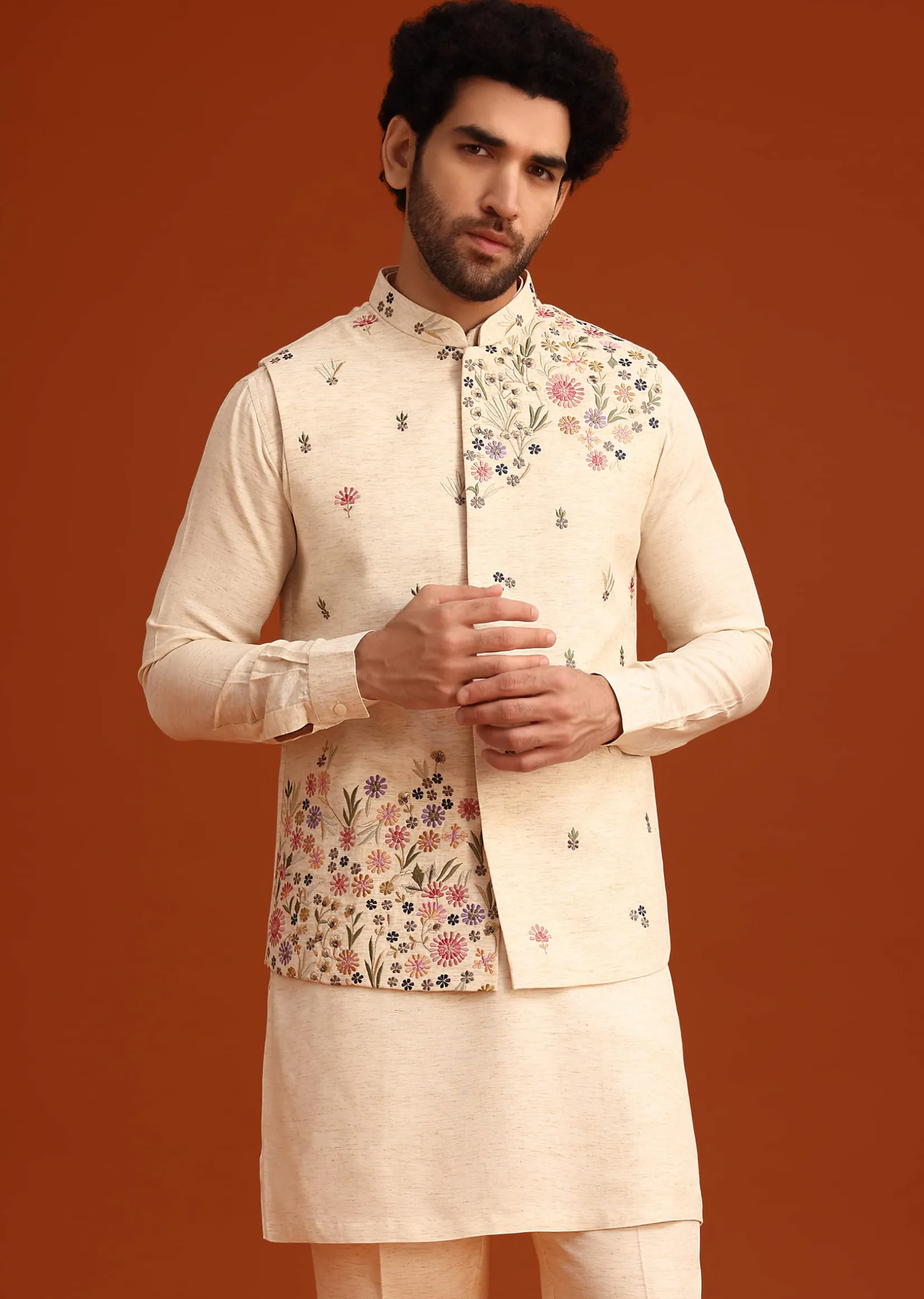 Off White Floral Hand Embroidered Kurta Jacket Set