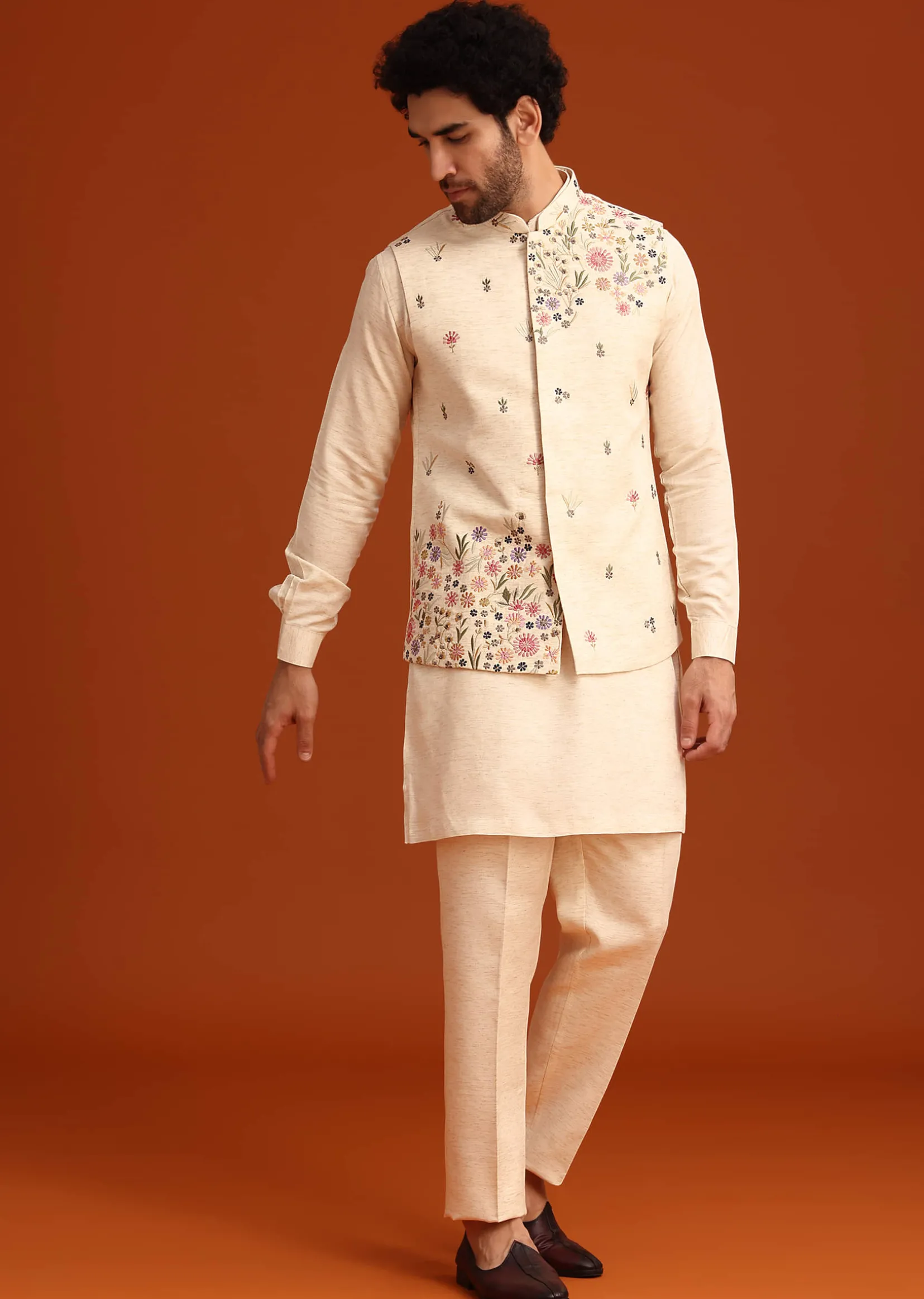 Off White Floral Hand Embroidered Kurta Jacket Set