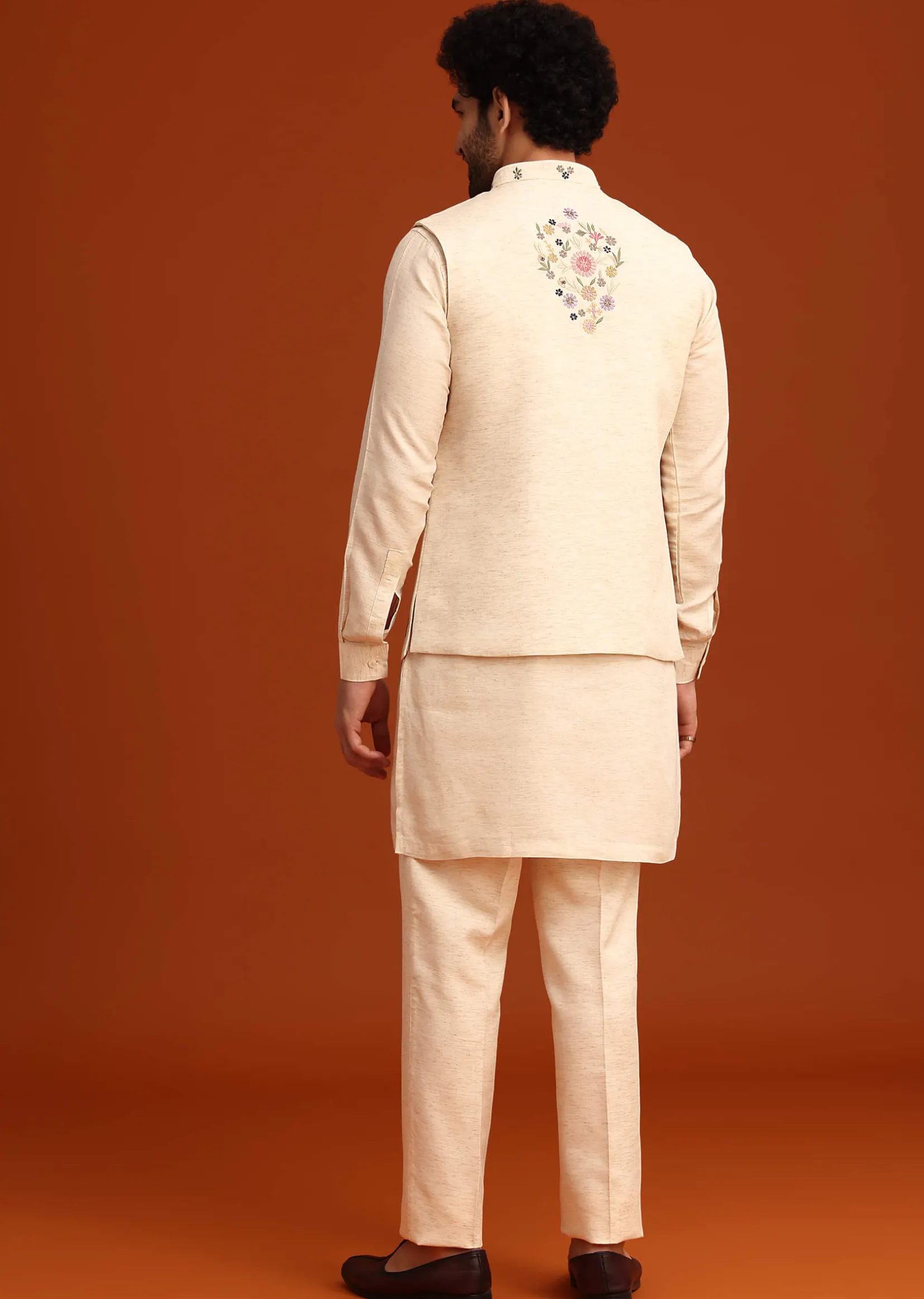 Off White Floral Hand Embroidered Kurta Jacket Set