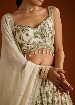 Off White Floral Printed Lehenga Choli With Butti Work Dupatta