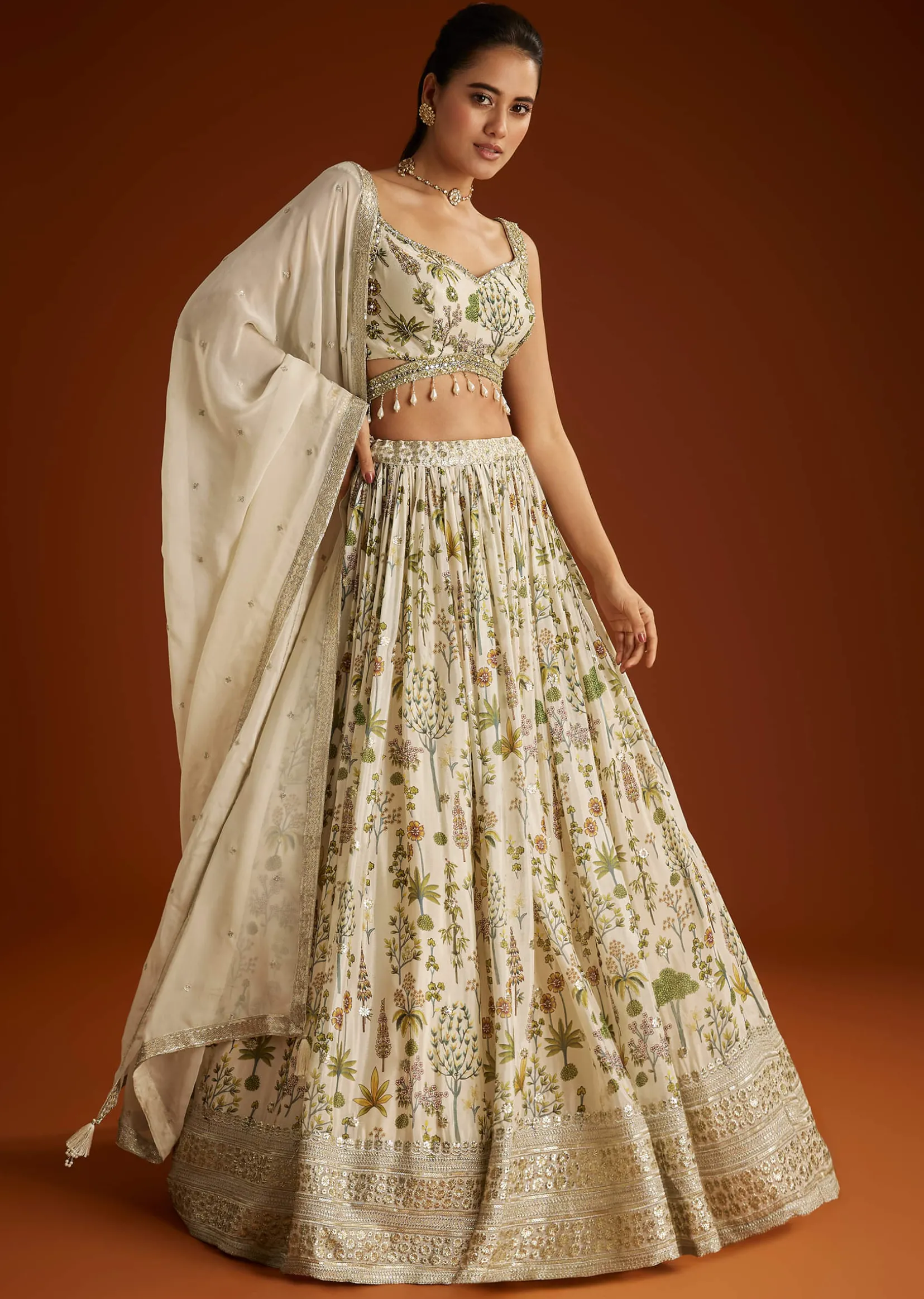 Off White Floral Printed Lehenga Choli With Butti Work Dupatta