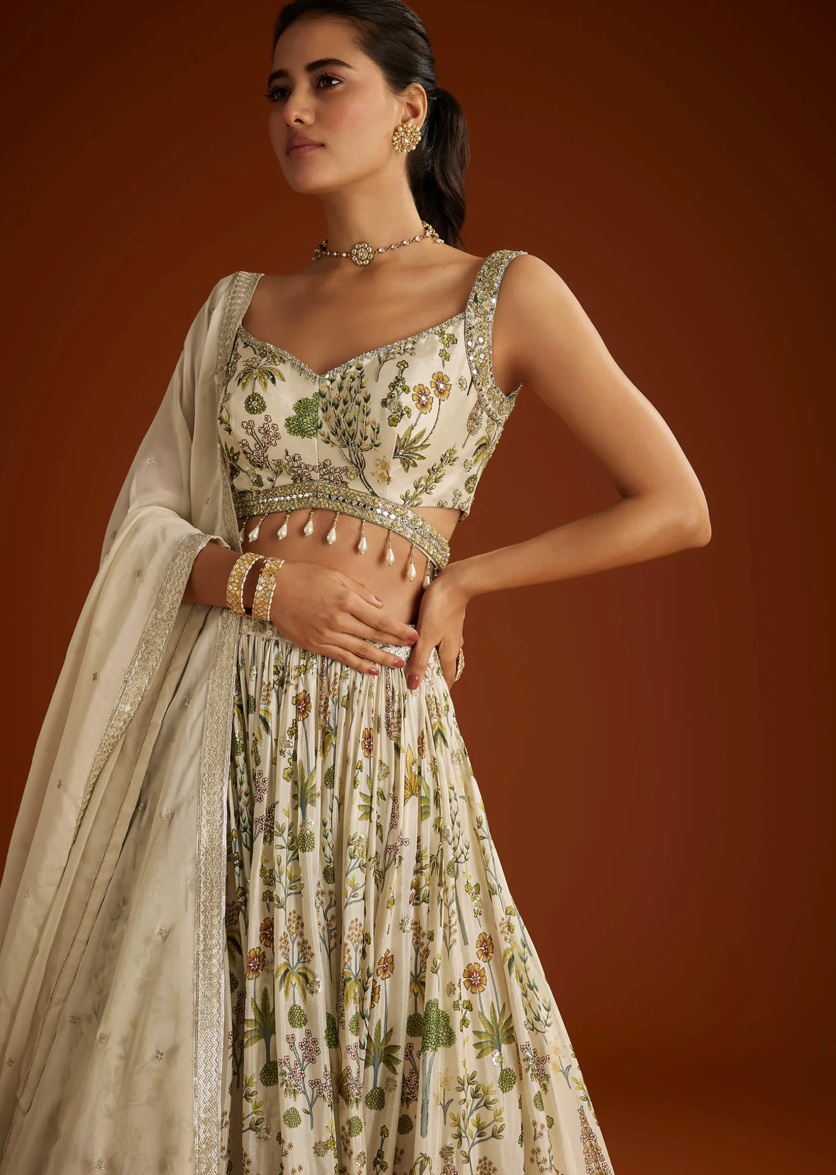 Off White Floral Printed Lehenga Choli With Butti Work Dupatta