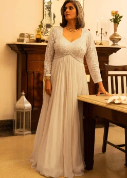 Off White Georgette Embellished Anarkali With Dupatta