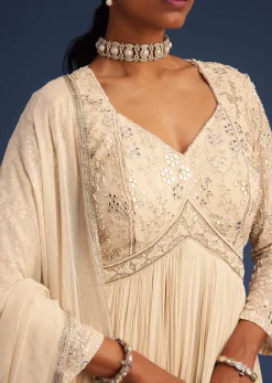 Off White Georgette Embellished Anarkali With Dupatta