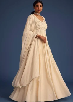 Off White Georgette Embellished Anarkali With Dupatta
