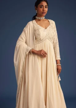Off White Georgette Embellished Anarkali With Dupatta