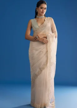 Off White Glass Tissue Saree With Embroidered Scallop Border