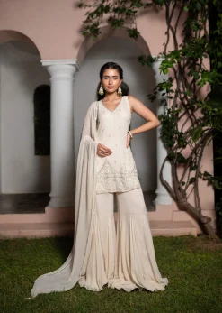 Off White Hand Embroidered Sharara Suit With Dupatta