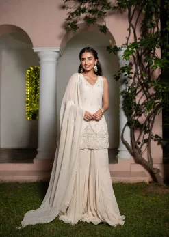 Off White Hand Embroidered Sharara Suit With Dupatta