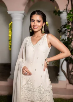 Off White Hand Embroidered Sharara Suit With Dupatta